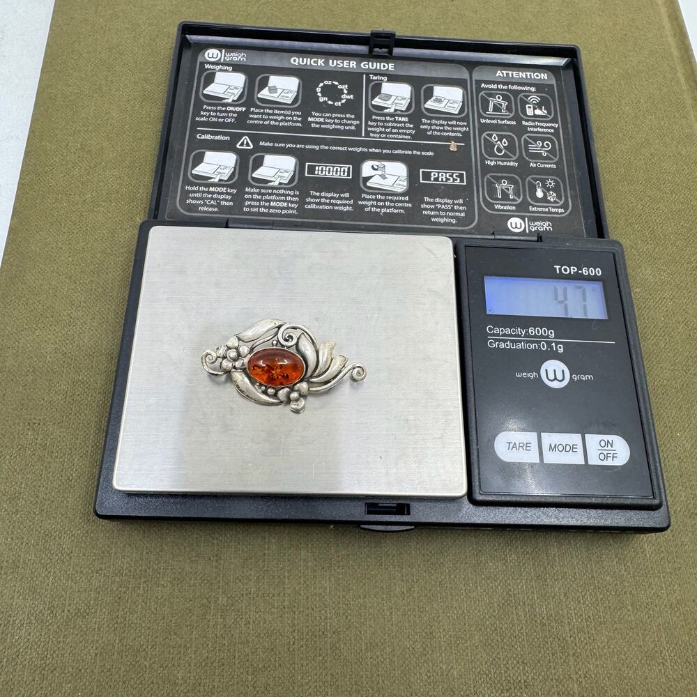 Vintage BOMA 925 Sterling Silver and Amber Brooch - Picture 5 of 5